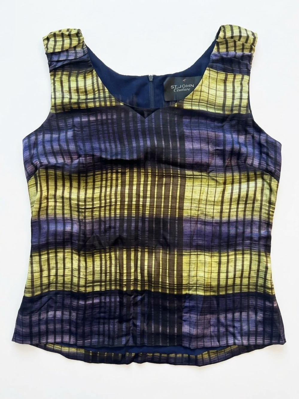 St. John Couture Sleeveless Plaid Silk Blend Top in Yellow and Purple-C11